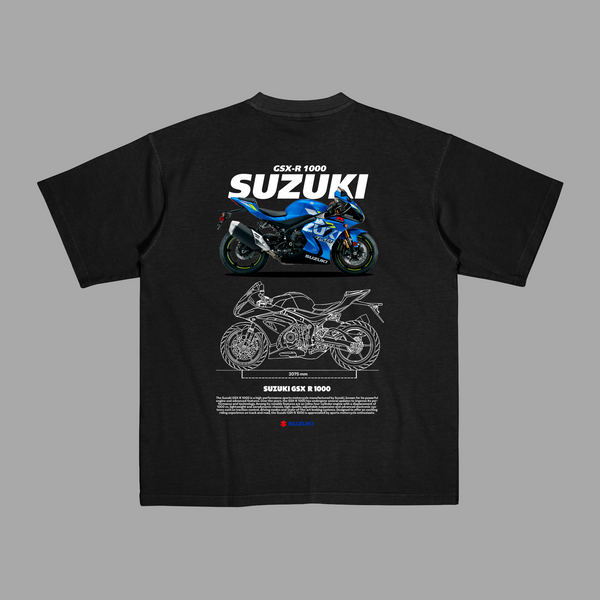 Black Suzuki GSX-R1000 T-shirt featuring technical blueprint illustration and superbike design on the back