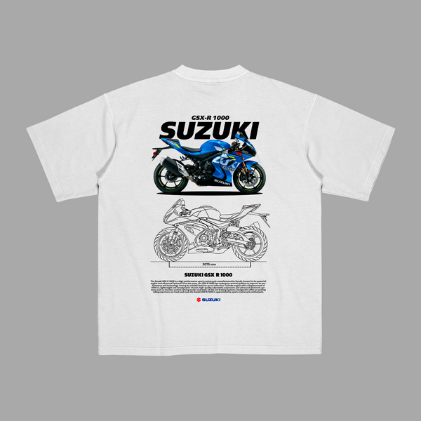 White Suzuki GSX-R1000 T-shirt with blueprint-style motorcycle design printed on the back