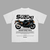 White Suzuki Hayabusa T-shirt with hypersport motorcycle design printed on the back
