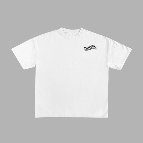 White T-shirt front view with Durty Bikerz logo printed on the chest