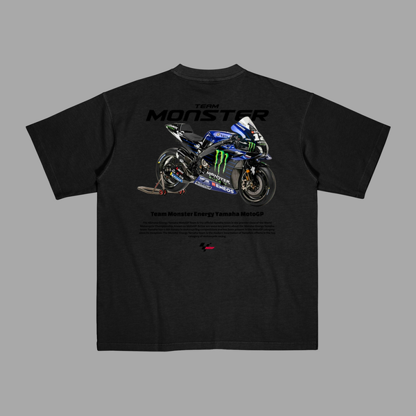 Black Yamaha MotoGP T-shirt with Monster Energy livery and Yamaha racing bike graphic printed on the back