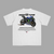 White Yamaha MotoGP T-shirt with Monster Energy racing motorcycle design printed on the back