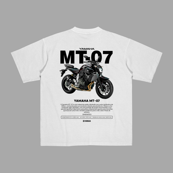 White Yamaha MT-07 T-shirt with naked bike design printed on the back