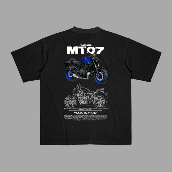 T-shirt noir Yamaha MT 07 avec moto bleue et plan technique imprimé dans le dos