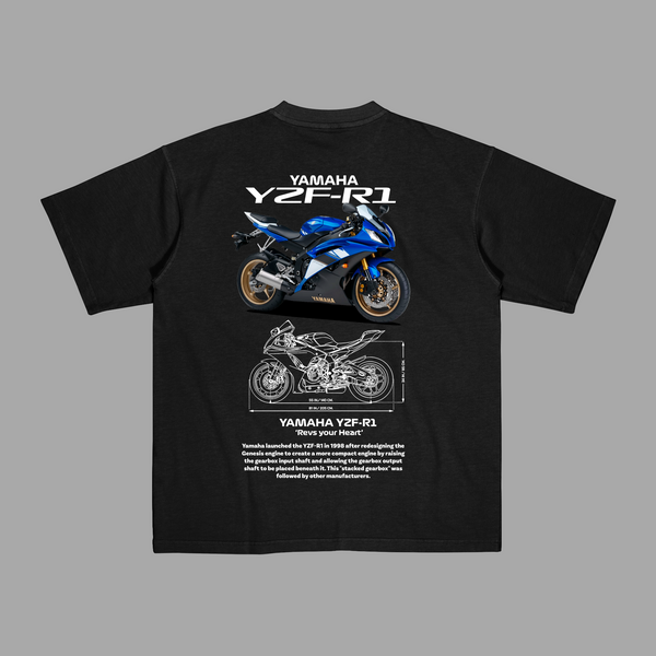Black Yamaha R1 T-shirt with blue Yamaha supersport motorcycle design printed on the back