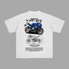 White Yamaha R1 T-shirt with detailed blue sportbike graphic printed on the back
