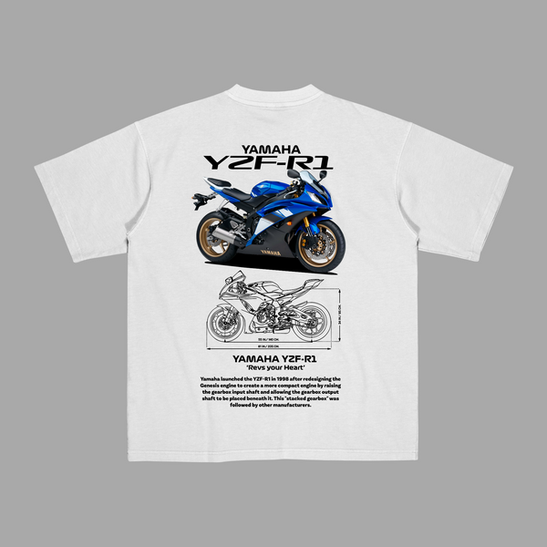 White Yamaha R1 T-shirt with detailed blue sportbike graphic printed on the back