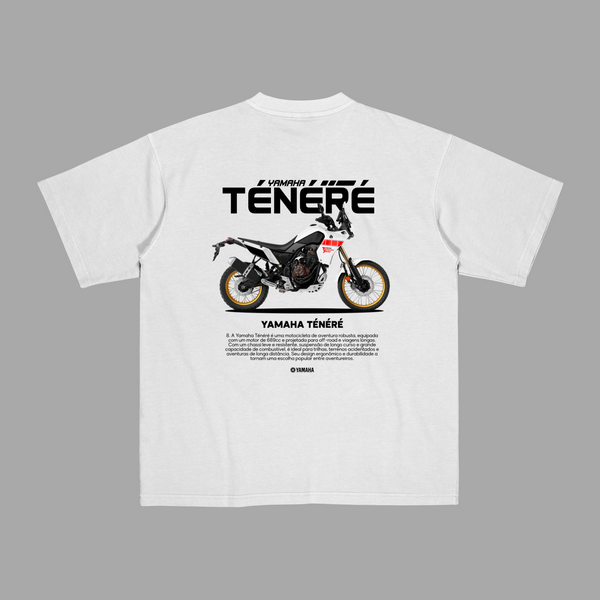 White Yamaha Ténéré T-shirt with adventure motorcycle design printed on the back