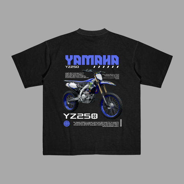 Black Yamaha YZ250 T-shirt with bold blue motocross artwork printed on the back