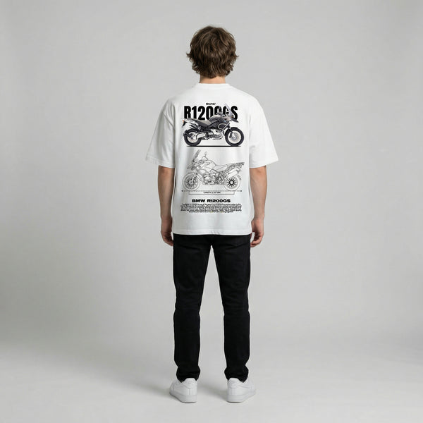 White BMW R1200 GS t-shirt full body back view showing large R1200GS back print | Durty Bikerz