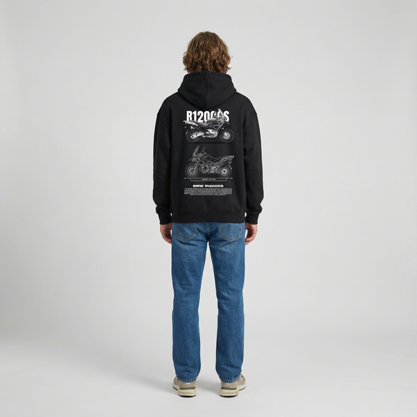 Black BMW R1200GS hoodie full body back view with large R1200GS back print | Durty Bikerz