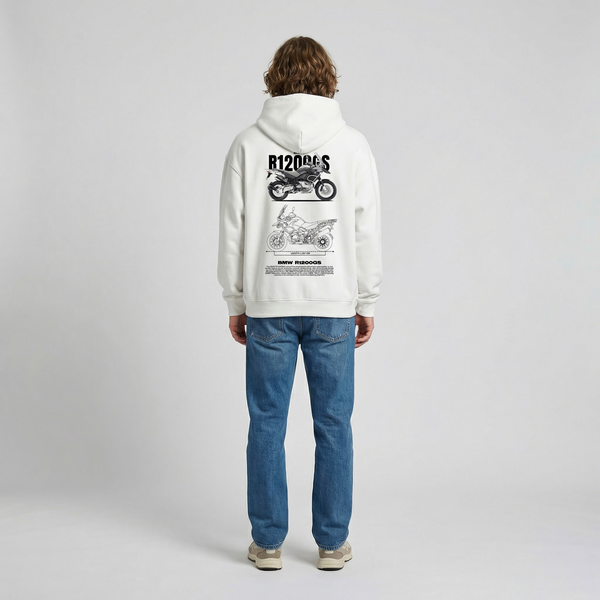 White BMW R1200GS hoodie full body back view showing large R1200GS back print | Durty Bikerz