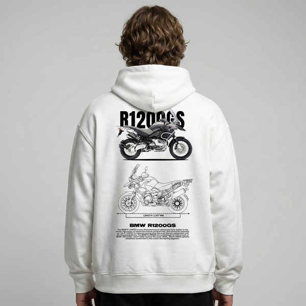 White BMW R1200GS hoodie back view with R1200GS adventure motorcycle graphic print | Durty Bikerz