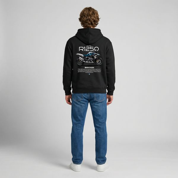 Black BMW R1250 GS hoodie full body back view with large R1250 GS back print | Durty Bikerz