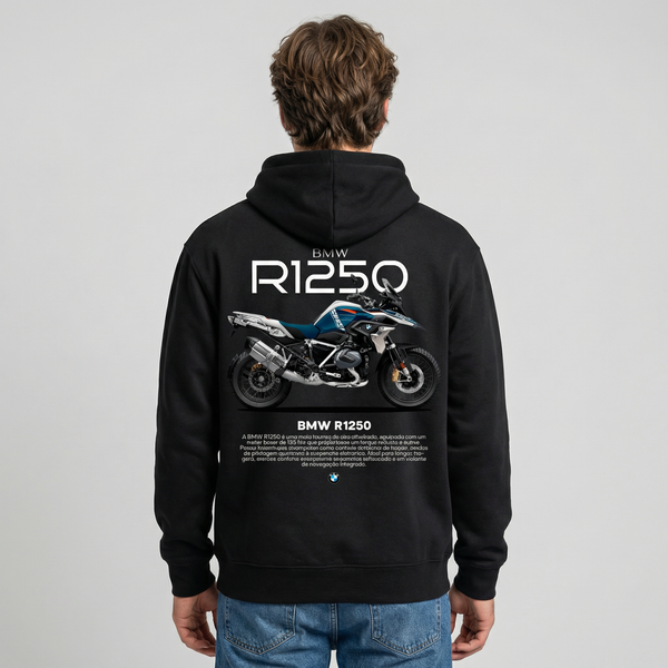 Black BMW R1250 GS hoodie back view with R1250 GS adventure motorcycle graphic print | Durty Bikerz