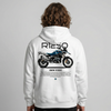 White BMW R1250 GS hoodie back view with R1250 GS adventure motorcycle graphic print | Durty Bikerz