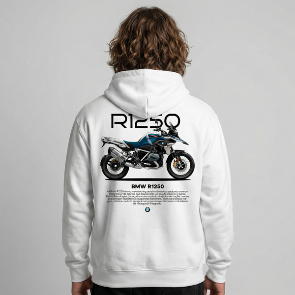 White BMW R1250 GS hoodie back view with R1250 GS adventure motorcycle graphic print | Durty Bikerz