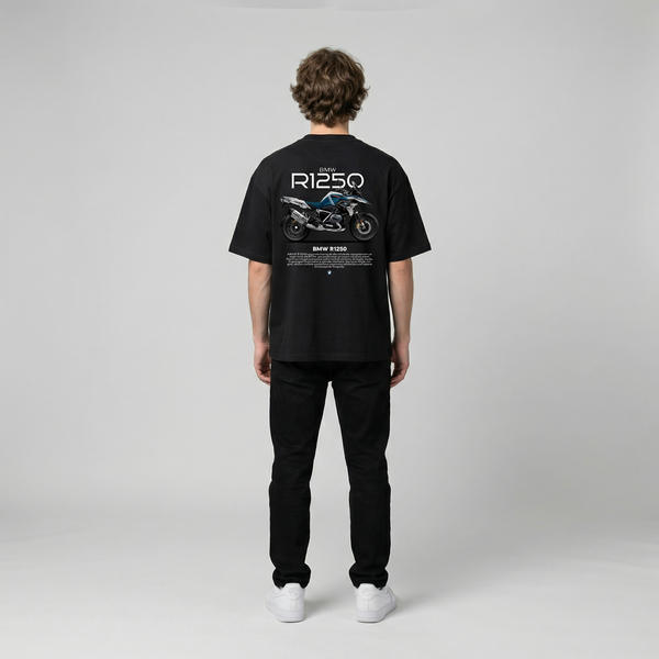 Black BMW R1250 GS t-shirt full body back view with large R1250 GS back print | Durty Bikerz