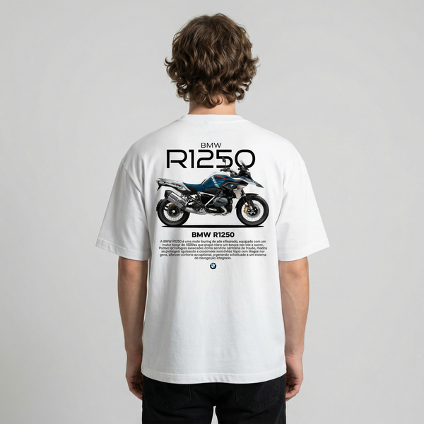 White BMW R1250 GS t-shirt back view with R1250 GS adventure motorcycle graphic print | Durty Bikerz