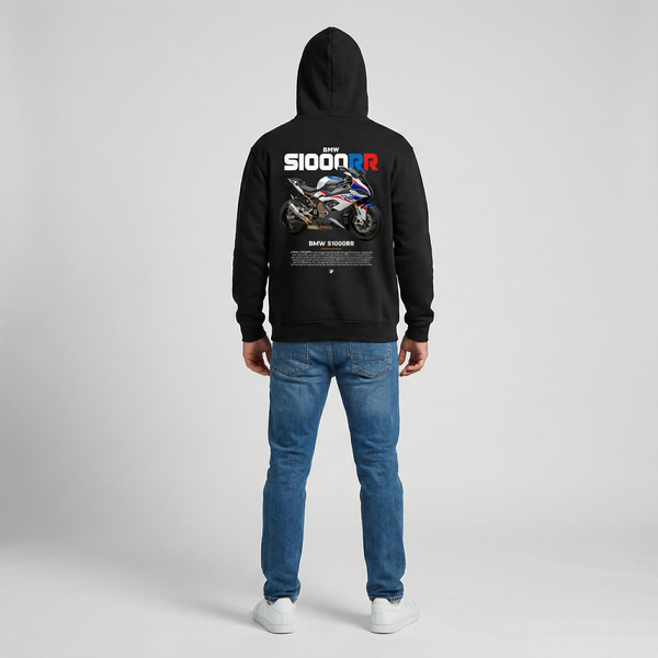 Black BMW S1000RR hoodie full body back view with large S1000RR back print | Durty Bikerz