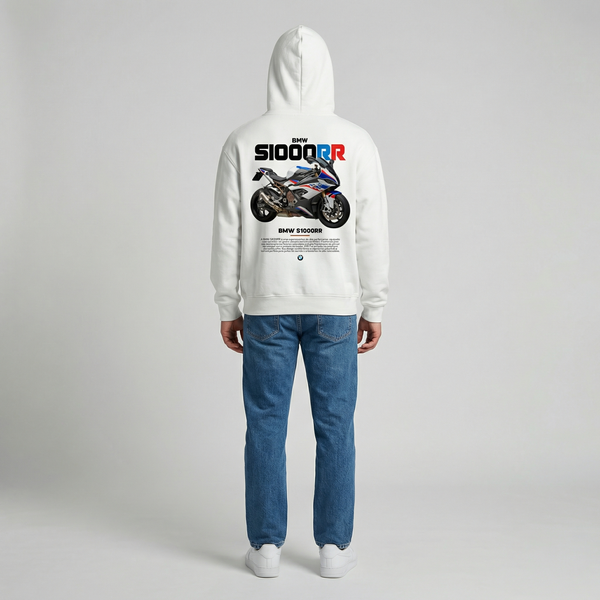 White BMW S1000RR hoodie full body back view showing large S1000RR back print | Durty Bikerz