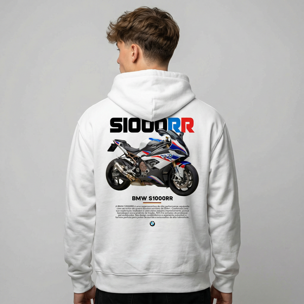 White BMW S1000RR hoodie back view with S1000RR superbike graphic print | Durty Bikerz