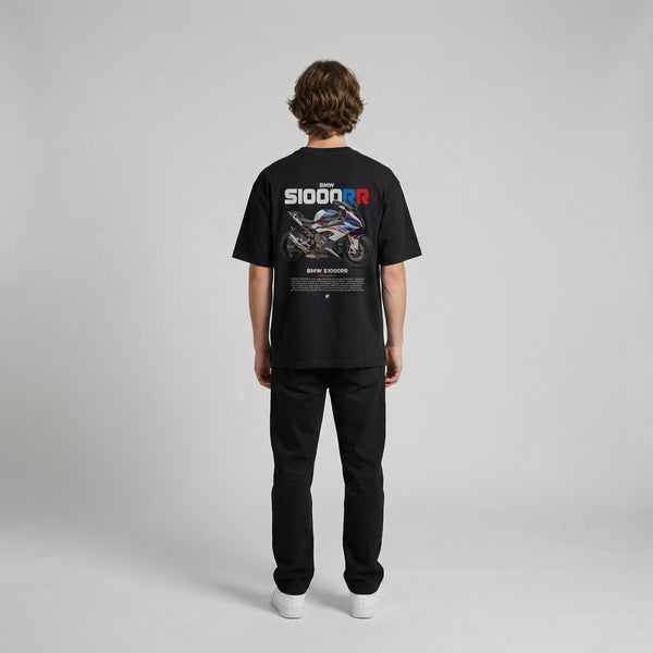 Black BMW S1000RR t-shirt full body back view with large S1000RR back print | Durty Bikerz