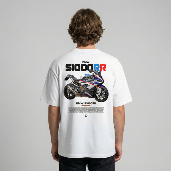 White BMW S1000RR t-shirt back view with S1000RR superbike graphic print | Durty Bikerz