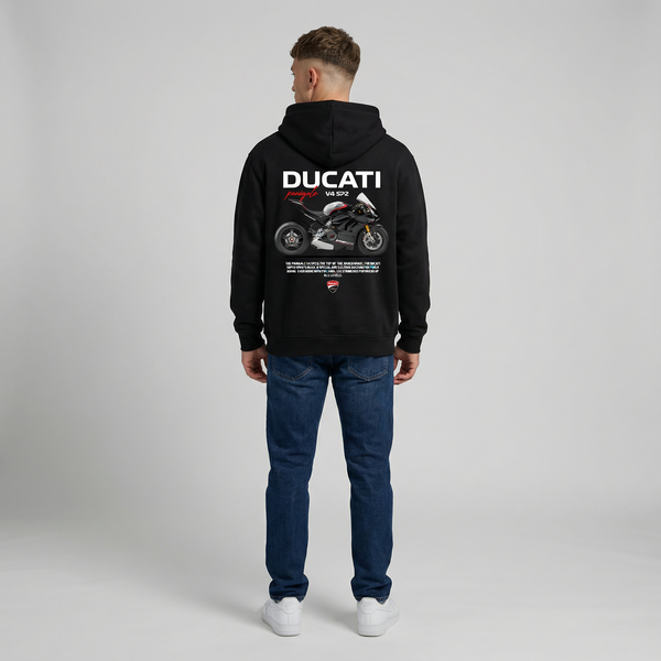 Black Ducati Panigale V4 SP2 hoodie full body back view with large Panigale V4 SP2 back print | Durty Bikerz