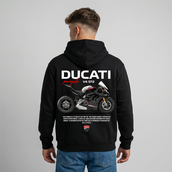 Black Ducati Panigale V4 SP2 hoodie back view with Panigale V4 SP2 superbike graphic print | Durty Bikerz