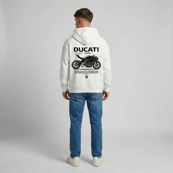 White Ducati Panigale V4 SP2 hoodie full body back view showing large Panigale V4 SP2 back print | Durty Bikerz