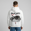 White Ducati Panigale V4 SP2 hoodie back view with Panigale V4 SP2 superbike graphic print | Durty Bikerz