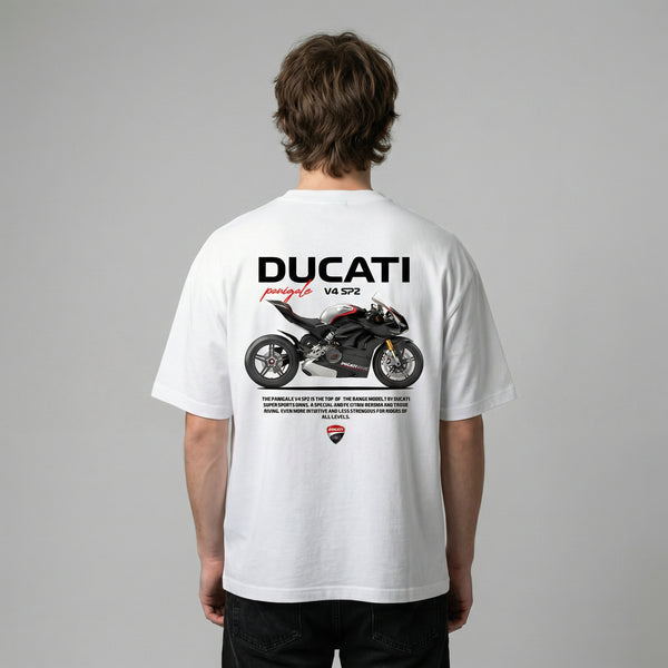 White Ducati Panigale V4 SP2 t-shirt back view with Panigale V4 SP2 superbike graphic print | Durty Bikerz