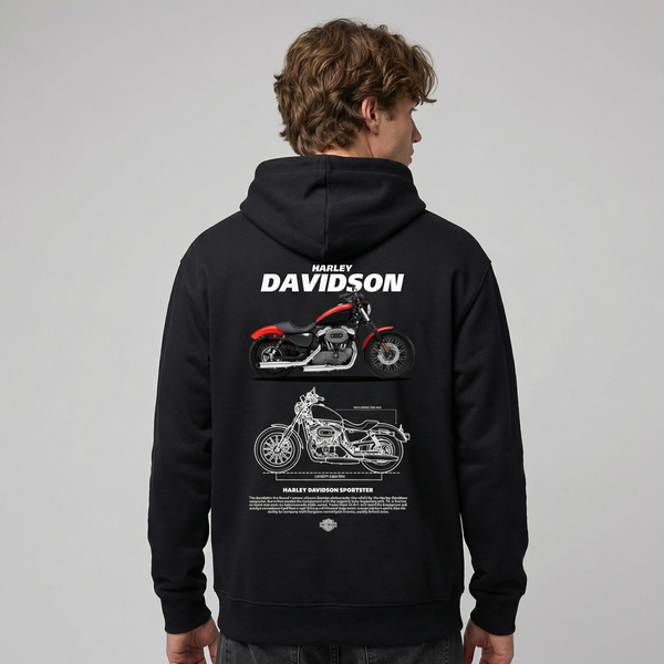 Black Harley-Davidson Sportster hoodie back view with Sportster motorcycle graphic print | Durty Bikerz