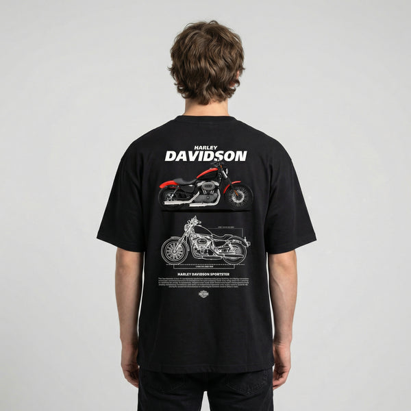 Black Harley-Davidson Sportster t-shirt back view with Sportster motorcycle graphic print | Durty Bikerz