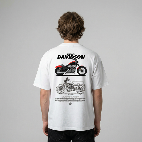 White Harley-Davidson Sportster t-shirt back view with Sportster motorcycle graphic print | Durty Bikerz