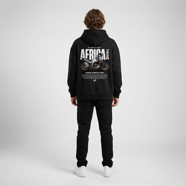 Black Honda Africa Twin hoodie full body back view with large Africa Twin back print | Durty Bikerz