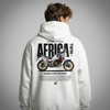 White Honda Africa Twin hoodie back view with Africa Twin adventure motorcycle graphic print | Durty Bikerz