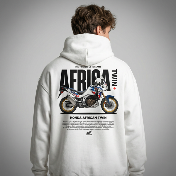 White Honda Africa Twin hoodie back view with Africa Twin adventure motorcycle graphic print | Durty Bikerz