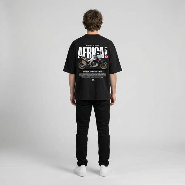 Black Honda Africa Twin t-shirt full body back view with large Africa Twin back print | Durty Bikerz