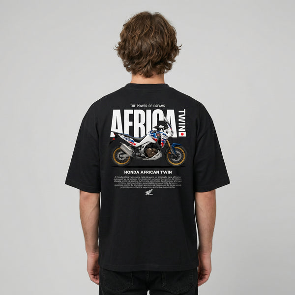 Black Honda Africa Twin t-shirt back view with Africa Twin adventure motorcycle graphic print | Durty Bikerz