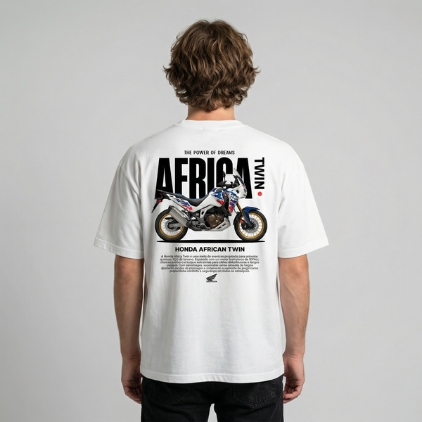 White Honda Africa Twin t-shirt back view with Africa Twin adventure motorcycle graphic print | Durty Bikerz