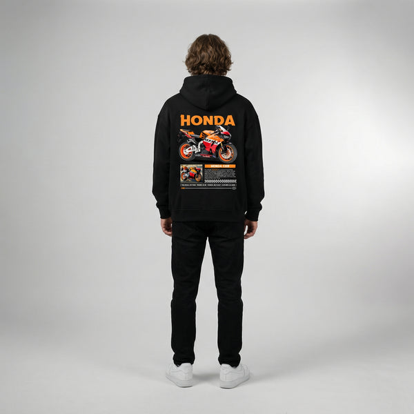 Black Honda CBR Repsol hoodie full body back view with large Repsol back print | Durty Bikerz