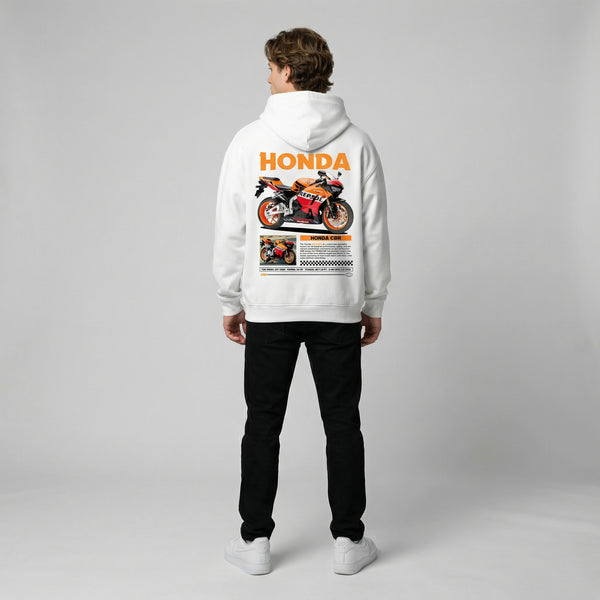 White Honda CBR Repsol hoodie full body back view showing large Repsol back print | Durty Bikerz