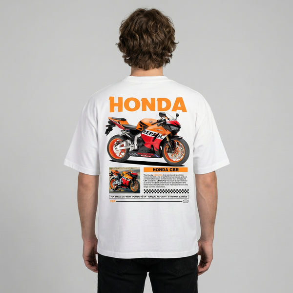 White Honda CBR Repsol t-shirt back view with Repsol racing livery bike graphic print | Durty Bikerz