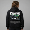 Black Kawasaki Ninja 400 KRT hoodie back view with Ninja 400 KRT motorcycle graphic print | Durty Bikerz