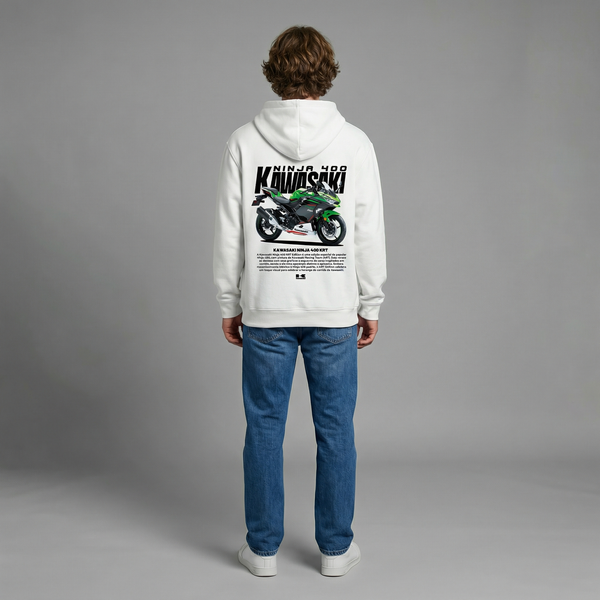 White Kawasaki Ninja 400 KRT hoodie full body back view showing large Ninja 400 KRT back print | Durty Bikerz