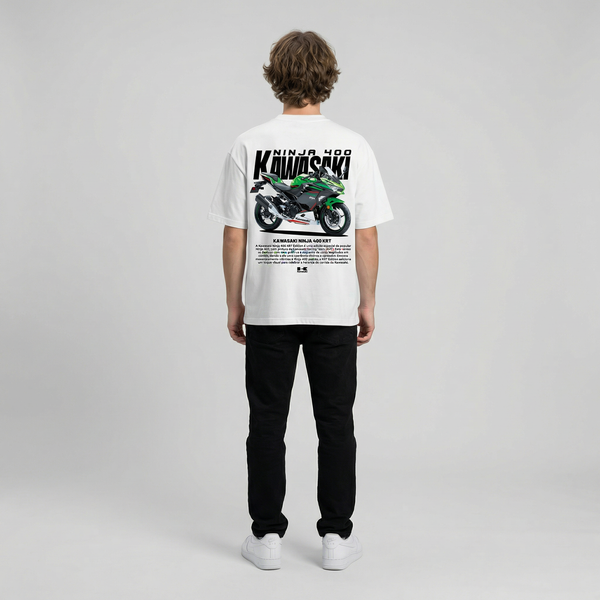 White Kawasaki Ninja 400 KRT t-shirt full body back view showing large Ninja 400 KRT back print | Durty Bikerz