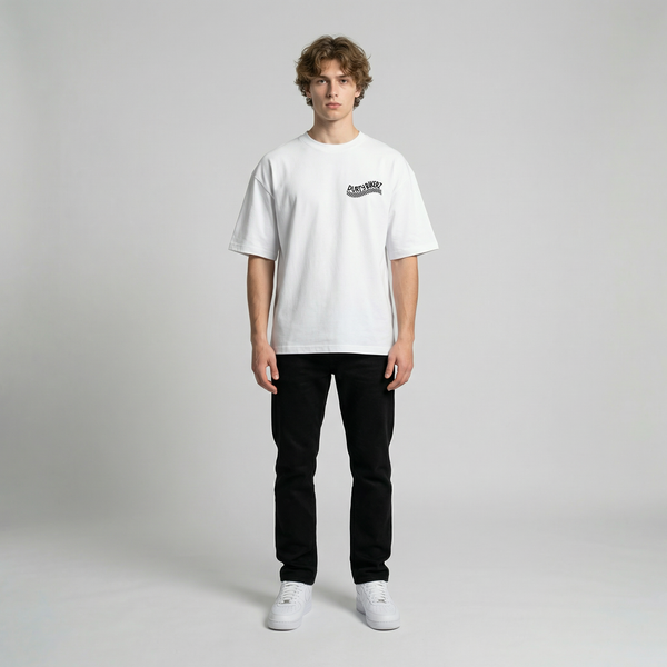 White Kawasaki Ninja 400 KRT t-shirt full body front view | Durty Bikerz