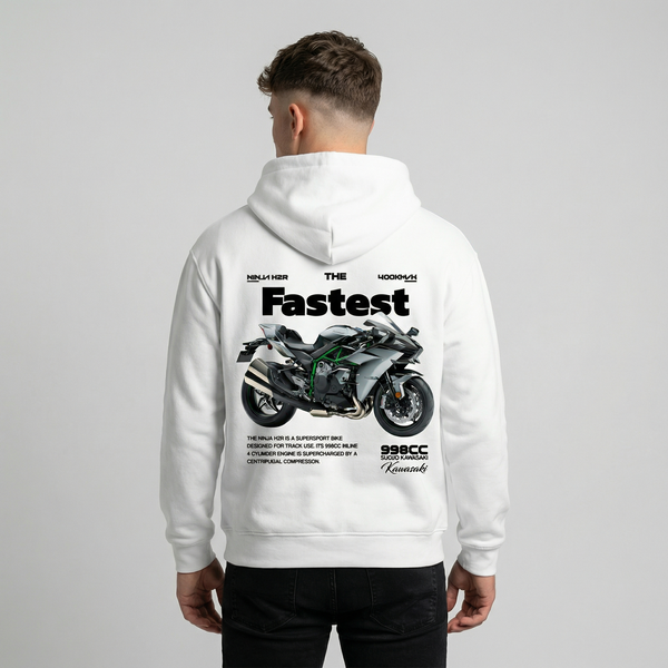 White Kawasaki Ninja H2R hoodie back view with Ninja H2R supercharged superbike graphic print | Durty Bikerz